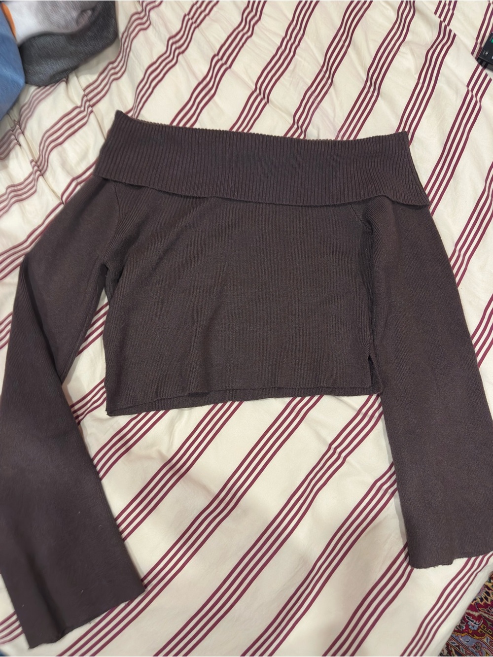 Princess Polly Chocolate Off-the-Shoulder Cropped Sweater